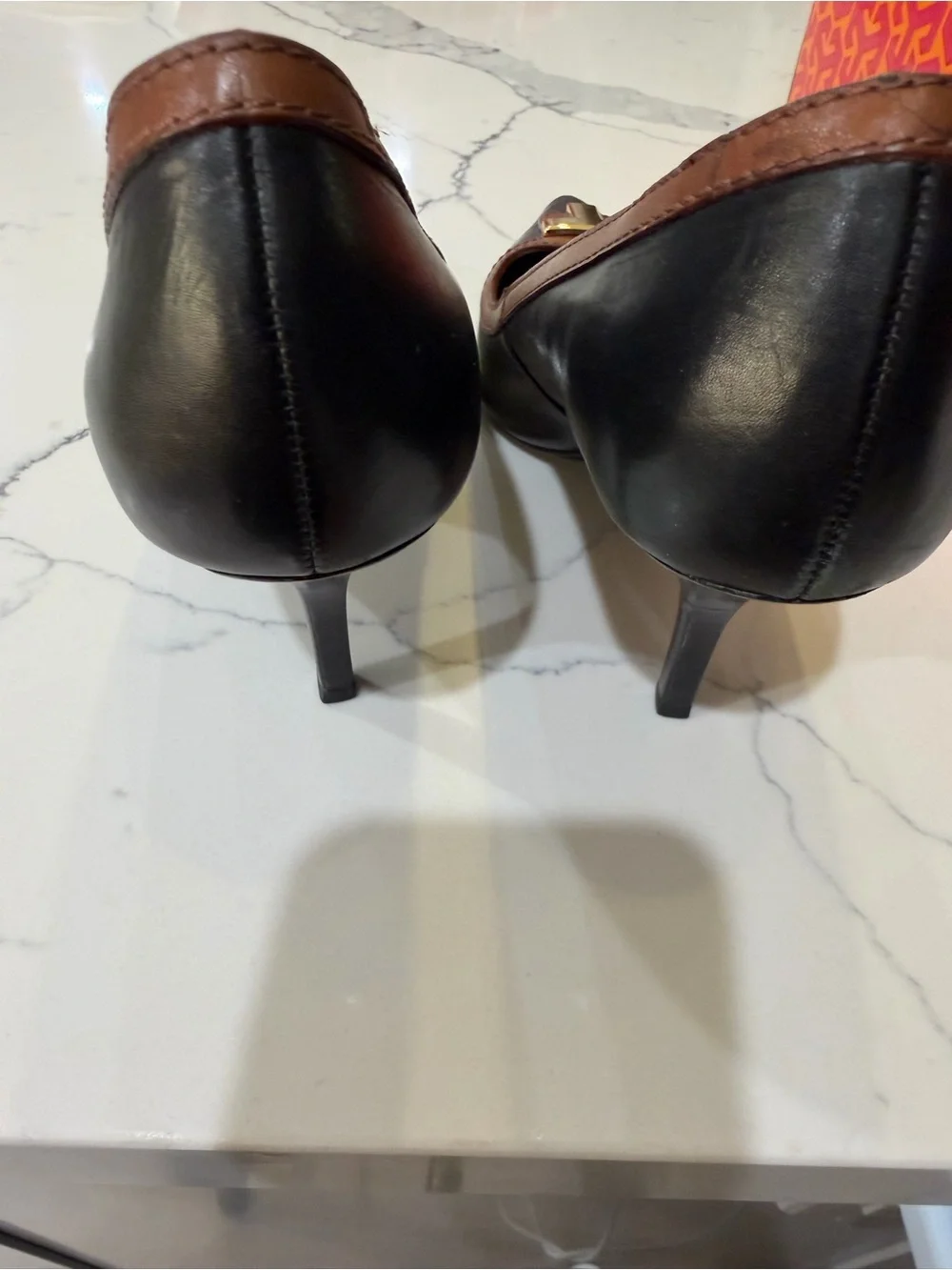 Tory Burch Black & Brown Pointed Toe Logo Pumps